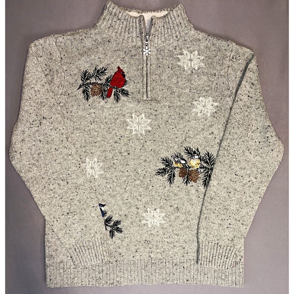 Christopher & Banks Womens Gray Mock Neck 1/4 Zip Bird Snowflake Sweater Medium